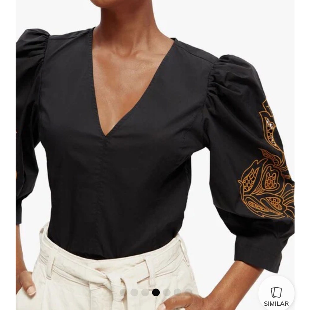 Black Puff Sleeve Top with Gold Embroidery
